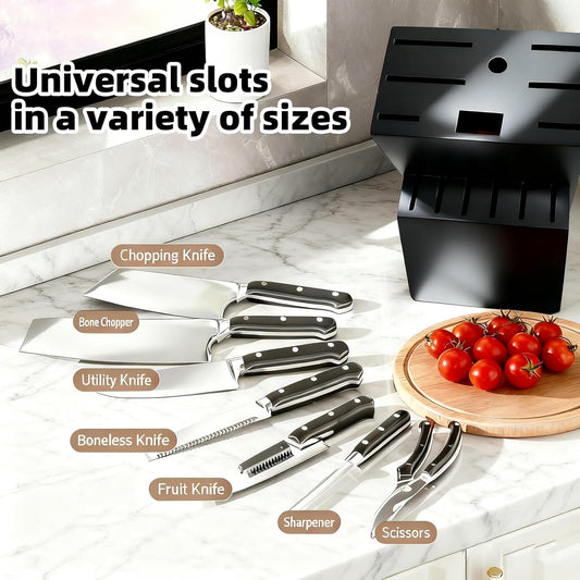 Teak Wood Knife Block Organizer, 14-Slot Kitchen Counter Storage Holder, Universal Design (Brown)