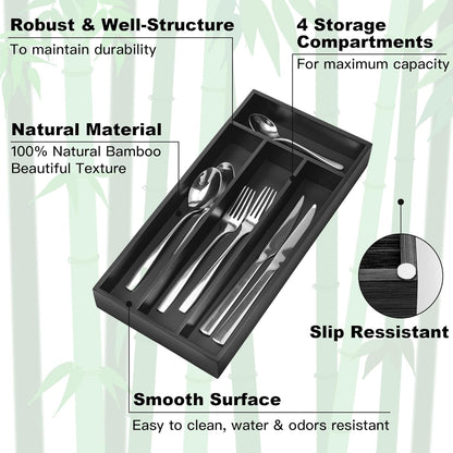 Silverware Organizer Bamboo Kitchen Drawer Organizer Utensil Organizer Silverware Holder Cutlery Organizer in drawer Flatware Organizer Tray (Black 5 Slots)