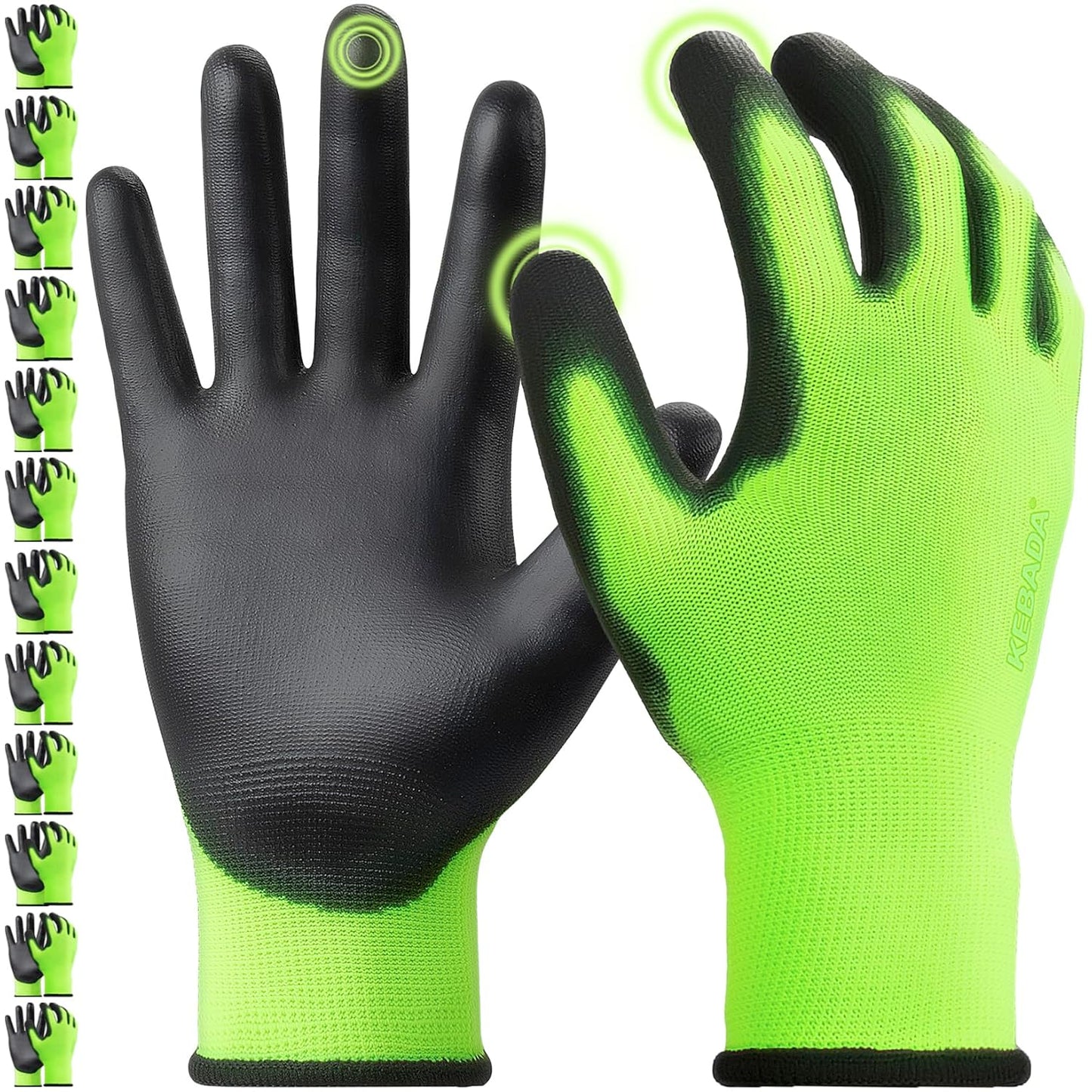 Kebada W1 Work Gloves for Men and Women, PU Coated Safety Gloves with Grip, Touchscreen, Ideal for Warehouse Package Handling, Construction, Gardening, 12 Pairs Gray Large