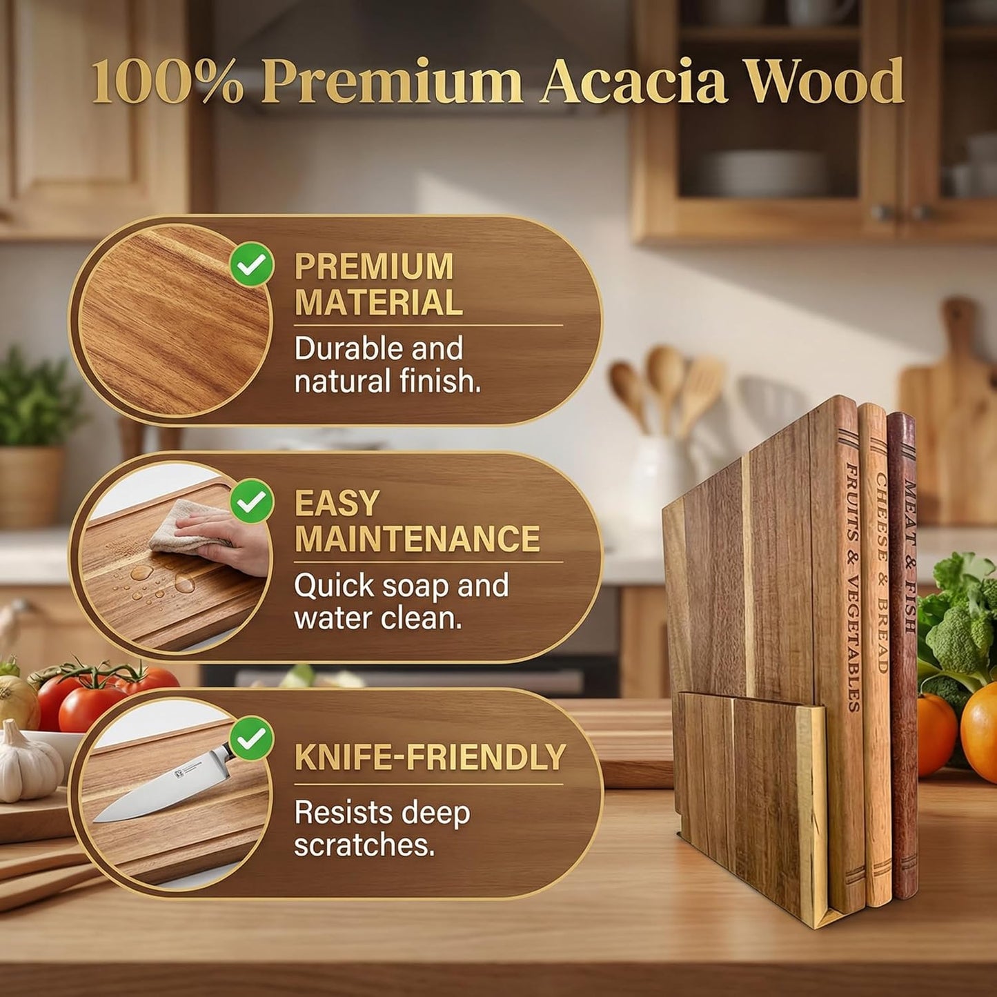 3-Piece Book-Shaped Cutting Board Set - Food Safe, Non-Slip Chopping Boards for Kitchen Organization and Stylish Serving,Acacia Wood