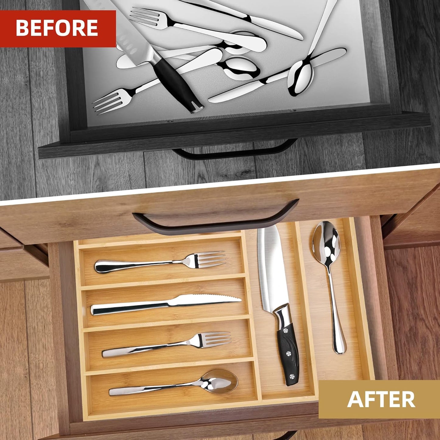 Silverware Organizer Bamboo Kitchen Drawer Organizer Utensil Organizer Silverware Holder Cutlery Organizer in drawer Flatware Organizer Tray (Black 5 Slots)