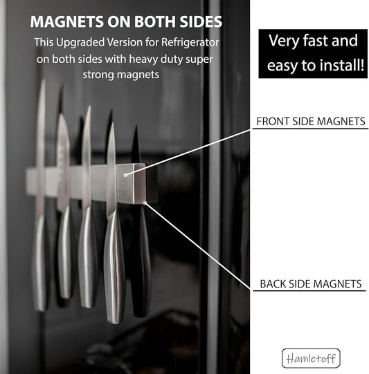 Premium Magnetic Knife Holder for Refrigerator with Hooks – 16 Inch Professional Double Sided Black Magnetic Knife Strip and utensil hanger for Fridge-Stainless Steel Magnet Knife Bar Wall