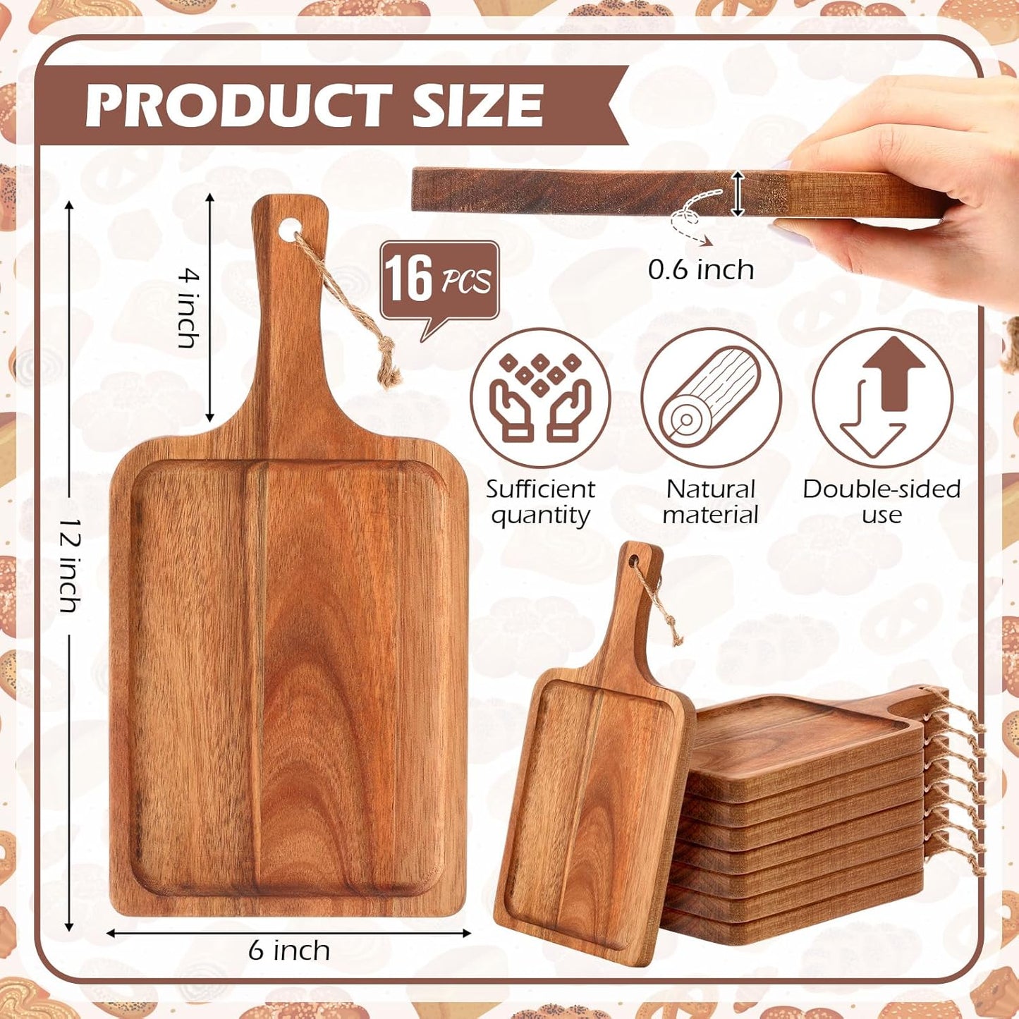 Tanlade 16 Pcs Acacia Wood Cutting Board with Handle Chopping Boards Decorative Charcuterie Platter Pizza Bread Cheese Fruit Serving Tray for Kitchen Counter Table Christmas Decorate(14 x 8 Inch)