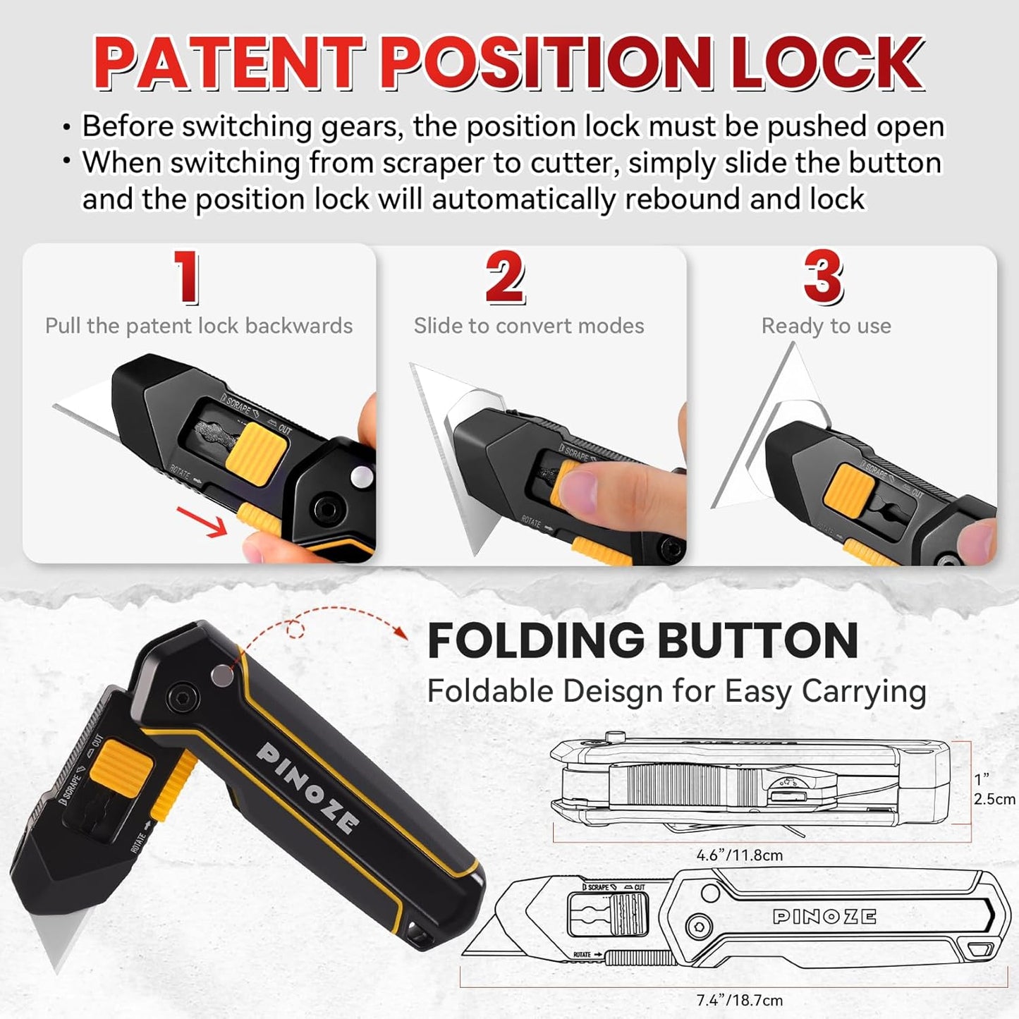 PINOZE Utility Knife Scraper, 3-in-1 Retractable Box Cutter with Lanyard & Blade Storage, Heavy Duty Zinc Alloy Multi-functional Knife with 10pcs SK2 Blades, EDC Tool for Home, Office, DIY