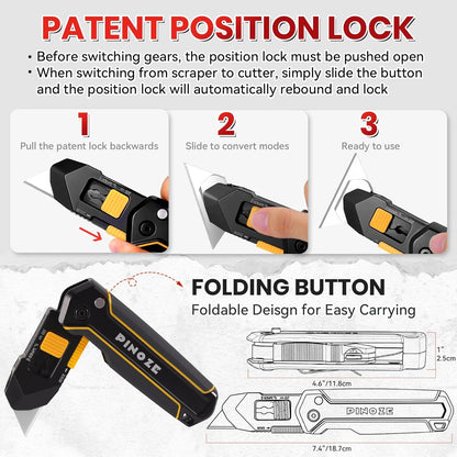 PINOZE Utility Knife Scraper, 3-in-1 Retractable Box Cutter with Lanyard & Blade Storage, Heavy Duty Zinc Alloy Multi-functional Knife with 10pcs SK2 Blades, EDC Tool for Home, Office, DIY