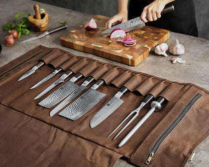 XINZUO Chef Knife Roll Bag Professional,16oz Waxed Canvas and Crazy Horse Leather,12 Slots Plus 2 Zipper Pockets,Adjustable Shoulder Strap-Travel Tool Roll Pouch(Bag Only)