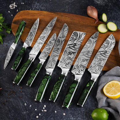 SENKEN 8-piece Engraved Japanese Kitchen Knife Set & Beautiful Green Resin Epoxy Handles - Wasabi Collection - Chef's Knife, Santoku, Cleaver, Paring, & More