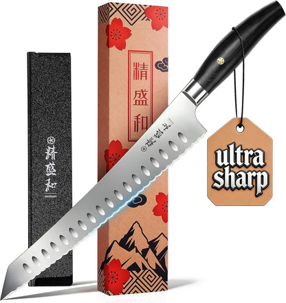 Bread Knife for Homemade Bread, Serrated Blade 8 in with Cover and Offset Handle, Outward-Curved Edge for Clean Even Slices, Slicer Cuts Sourdough, Bagels, Ham, Pineapple, Ideal Gift