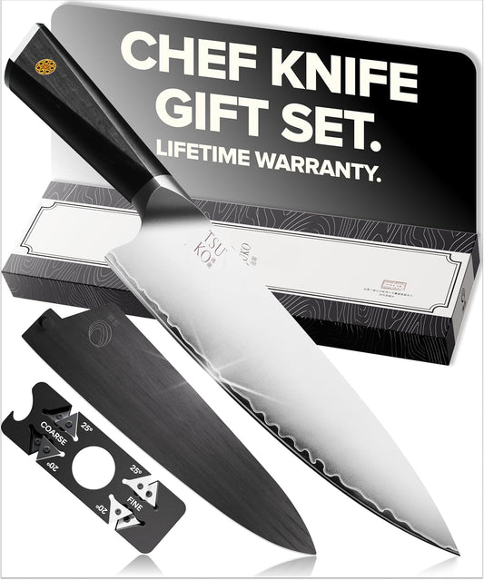 Tsuko Chef Knife Four Stage Sharpener & Wooden Sheath - 8 Inch Professional Japanese Style Kitchen Knives Set, Sharp Gyuto Knife, Vegetable, Meat, Chopping Knife, Sharp Kitchen Knife Single for Chefs
