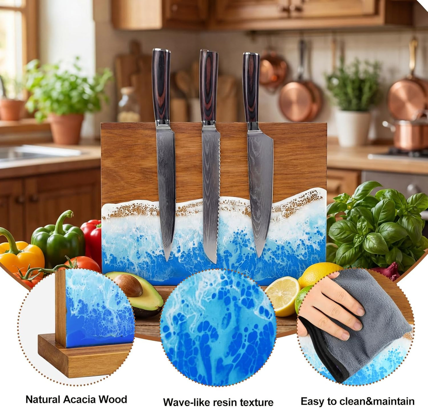 Magnetic Knife Block Double Sided Magnetic Knife Board Acacia Wood Blue Resin Ocean River Magnet Knives Holder Stand for Kitchen Storage Counter Gifts for New Home 13 x 10 Inch Without Knives