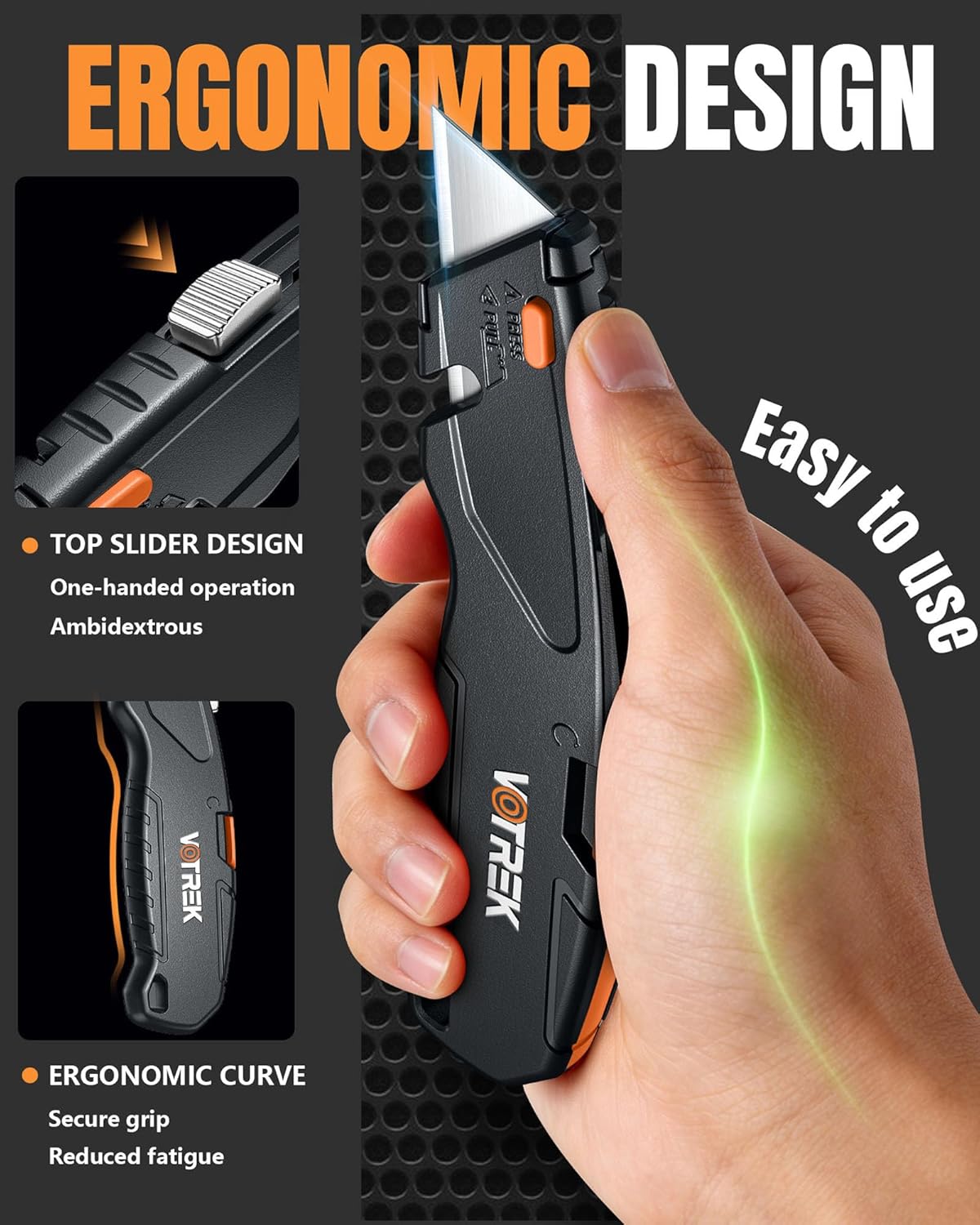 VOTREK® Box Cutter Retractable| Metal Utility Knife Set【Built-In Storage】 Tool-Free Quick Blade Change| Safety Lock| Extra 10 Sharp SK5 Blades| 2-Pack Heavy Duty Razor Knife for Cardboard & Plastic