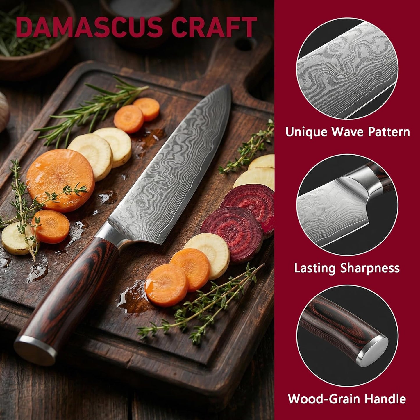 3 Pieces Knife Set, High Carbon Stainless Steel Professional Kitchen Knife Set, Ultra Sharp Chef Knives Sets with Ergonomic Wooden Handle