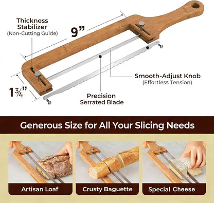 Adjustable Bread Knife for Homemade Sourdough - Precision Slicer with Thickness Guide, Serrated Stainless Steel Blade, Bow Cutter for Even Slices on Baguettes, Bagels & Sandwiches, Ideal Baker Gift