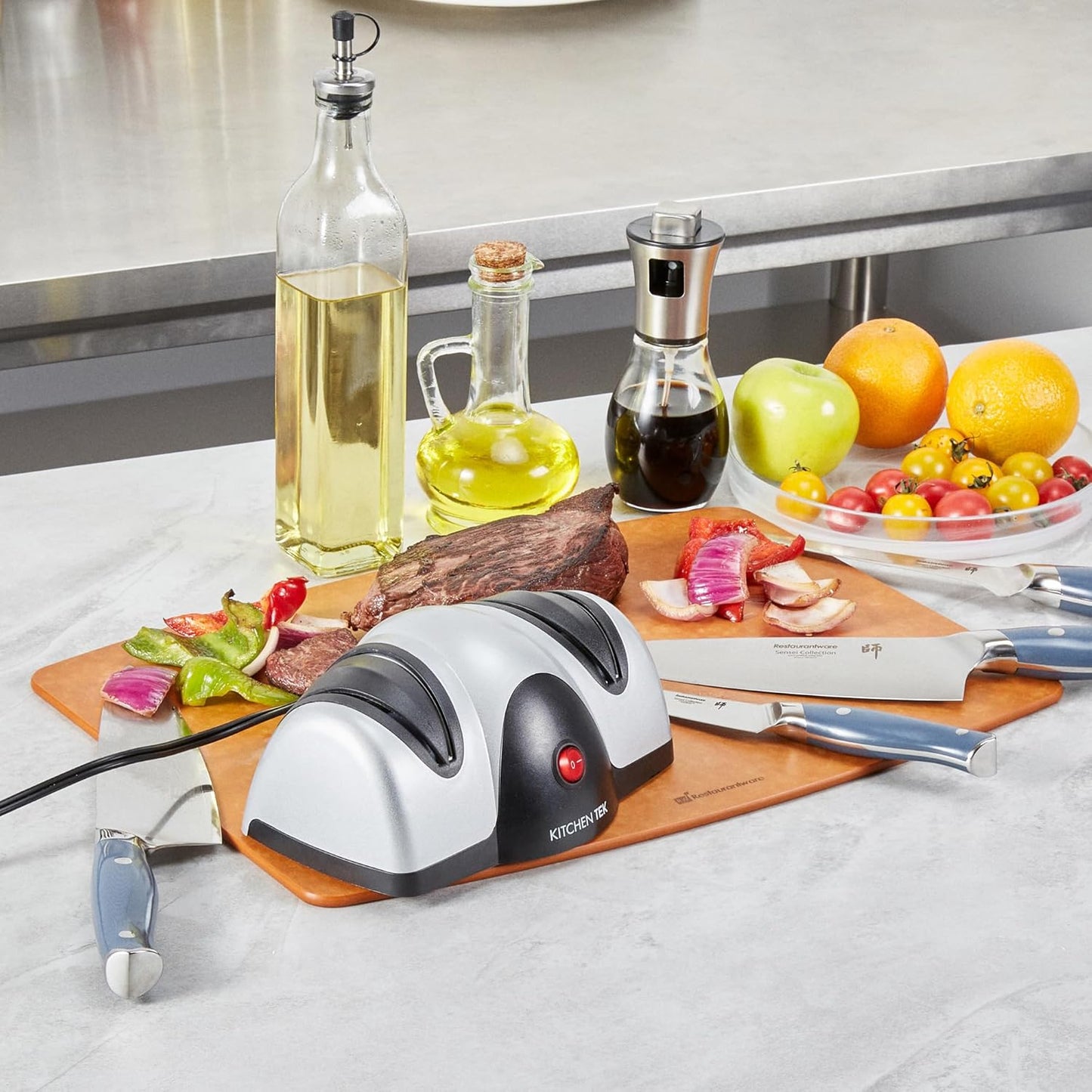 Restaurantware-Kitchen Tek 2-Stage Electric Knife Sharpener, 1 Straight-Edge Knife Sharpener With Diamond Grinding Wheel - 120 Voltage, Quick Sharpening, Gray Plastic, For Kitchen Knives