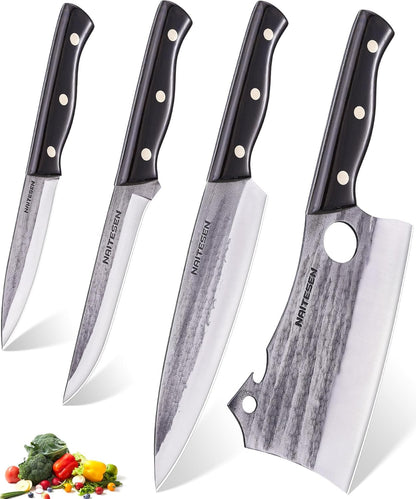 Naitesen Butcher Knife Set 4, Meat Cleaver Chef Knife Boning Knife Utility Knife Hand Forged German High Carbon Stainless Steel Sharp Japanese Butcher Chopping Knives