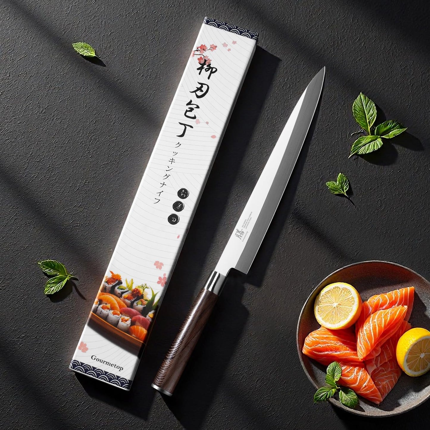 Gourmetop Japanese Sashimi Sushi Knife 10 Inch – VG10 Steel Yanagiba Knife with Urasuki & Brushed Bevel, Wenge Wood D-Shape Handle – Professional for Japanese Salmon & Sushi Cutting