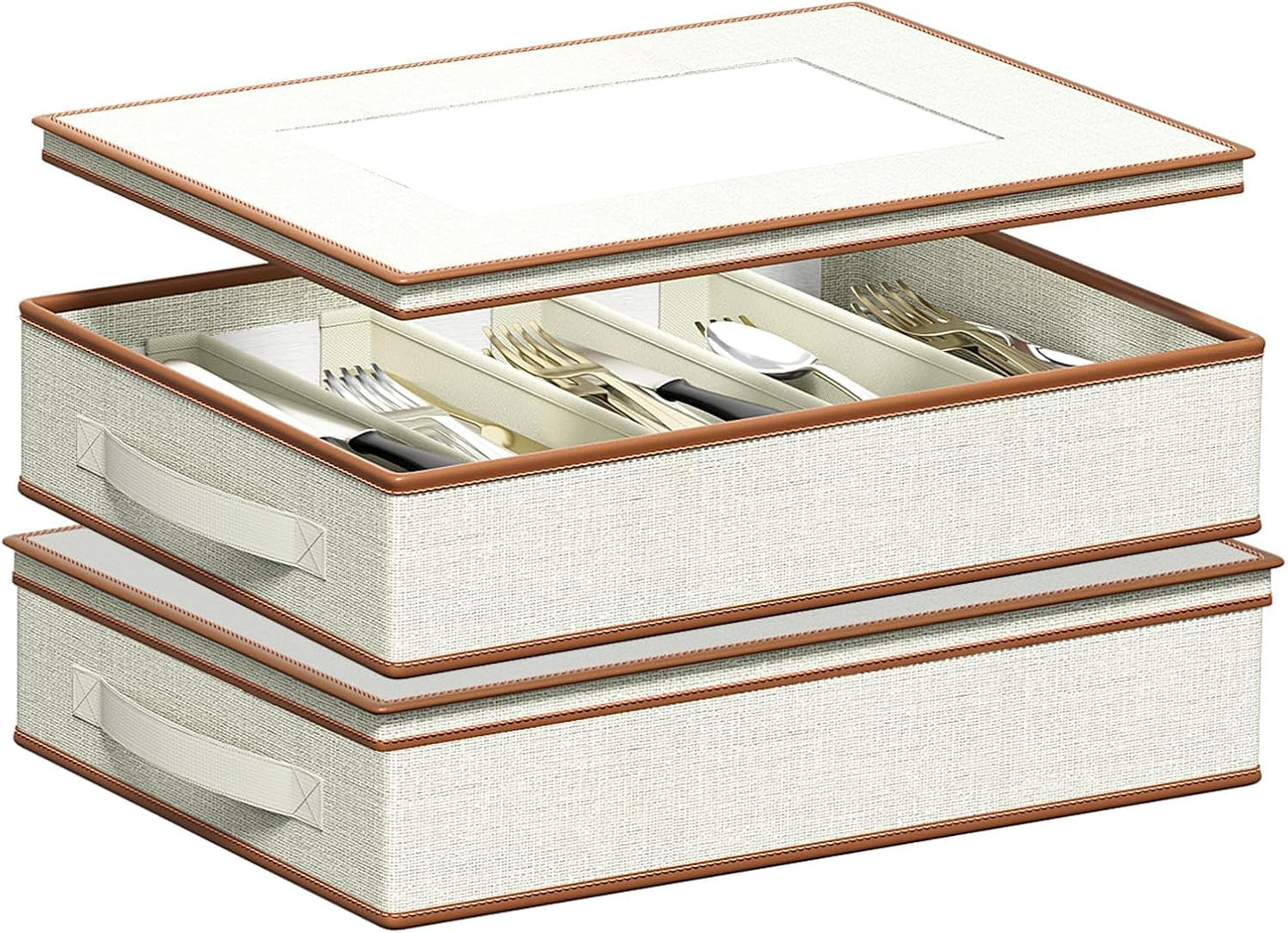 Aokeyee 2-Pack Silverware Storage Box, Sturdy Flatware Organizer with 5 Compartments & Adjustable Dividers, Utensil Case with Clear Lid & Handle for Knives, Forks & Spoons, Gray