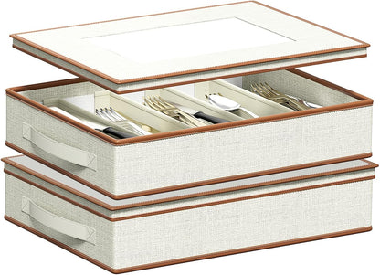 Aokeyee 2-Pack Silverware Storage Box, Sturdy Flatware Organizer with 5 Compartments & Adjustable Dividers, Utensil Case with Clear Lid & Handle for Knives, Forks & Spoons, Gray