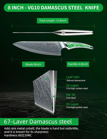 7 inch Nakiri Knife, Japanese VG-10 Damascus Steel Meat Cleaver, Ultra Sharp Vegetable Knife with Full-tang Handle in Green Resin, LA-S9 Series