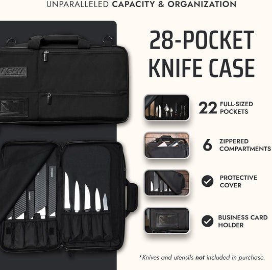 Asaya Chef Knife Bag - 28-Pocket Knives Carrying Case for Kitchen Tools and Utensils, Ballistic Nylon Chef Knife Roll Bag with Adjustable Shoulder Strap - Knives Not Included (Grey)