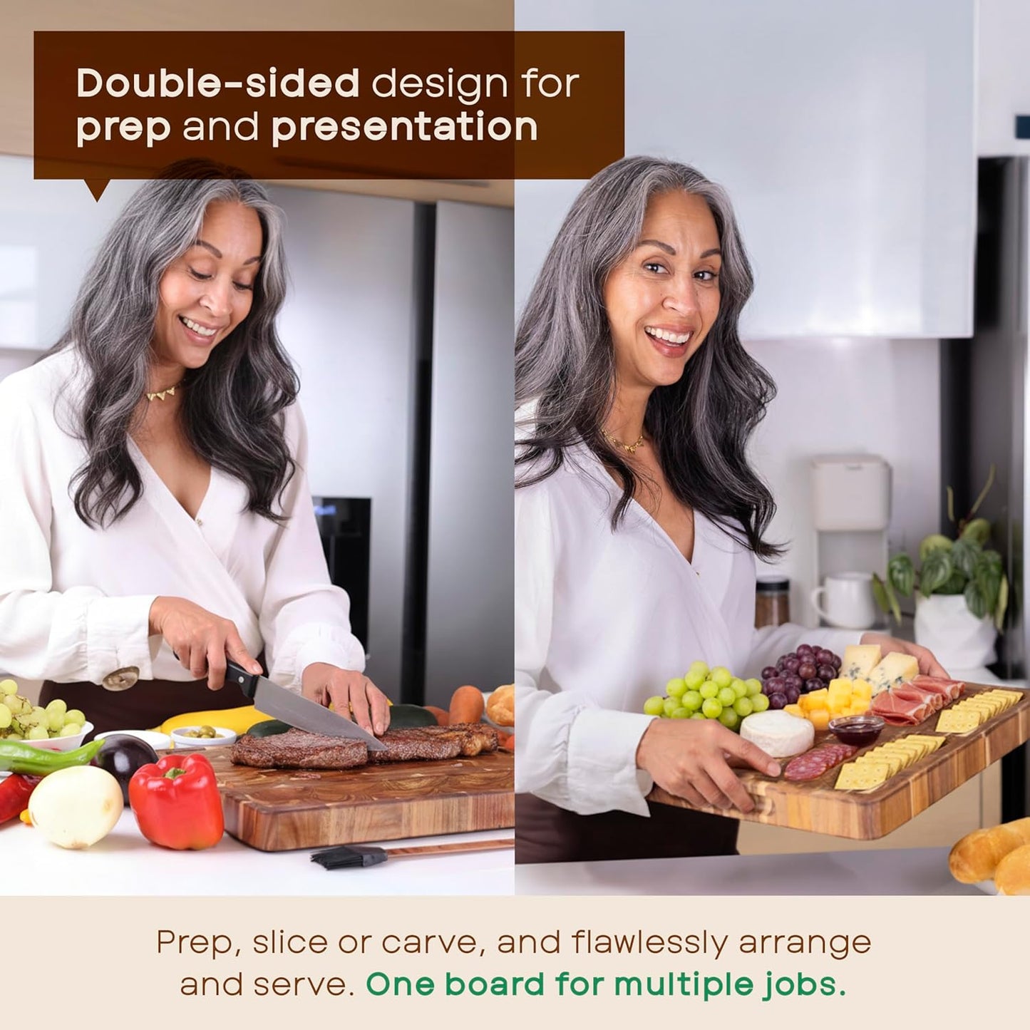 Evergreen End Grain Acacia Wood Cutting Board for Kitchen | Large 16x12.4x1.5" Butcher Block with Juice Groove & Non-Slip Feet | 2in1 Charcuterie Board, Non-Toxic, Gift Box