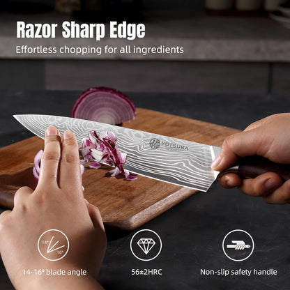 YOTSUBA 3 PCS Japanese Kitchen Knife Set, Razor Sharp High Carbon Stainless Steel Chef Knives with Ergonomic Natural Rosewood Handle, Premium Gift Box for Home & Restaurant Use