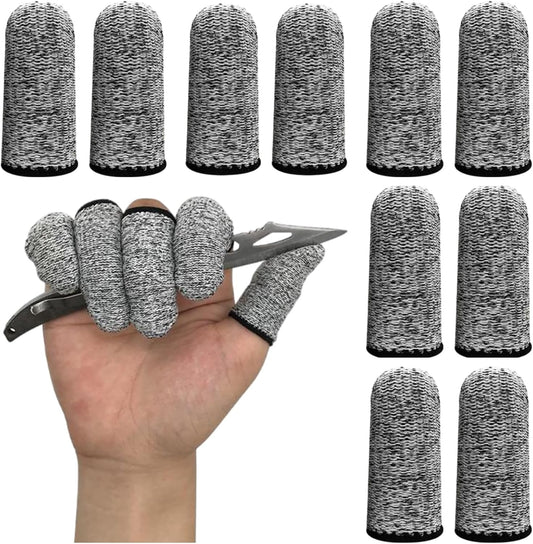 Cut Resistant Finger Cots, Level 5 Protection Sleeves for Kitchen Cutting, Wood Carving, Work. Fiber Fingertip Guards, Breathable Gray Covers, 10 Count