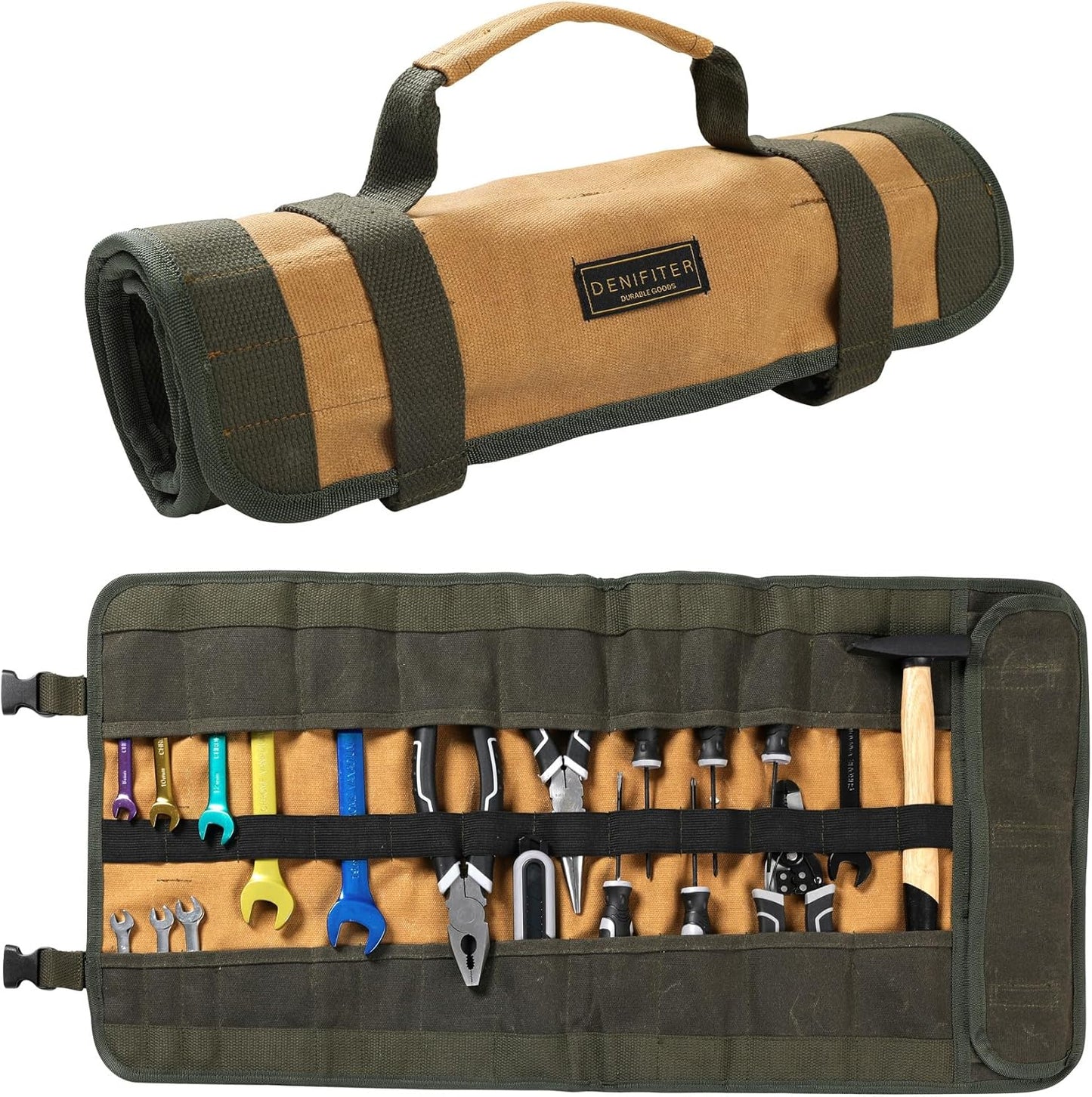 Wrench Tool Roll, Heavy Duty Waxed Canvas Multi-purpose Tool Pouch Bag With 25 Pockets, Easy Storage, Durable (Khaki)