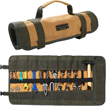 Wrench Tool Roll, Heavy Duty Waxed Canvas Multi-purpose Tool Pouch Bag With 25 Pockets, Easy Storage, Durable (Khaki)