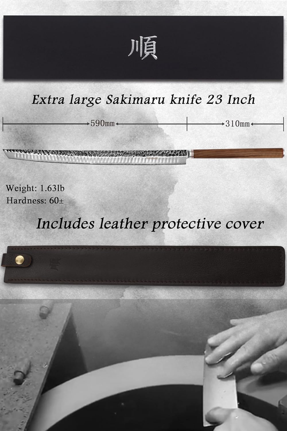 YOUSUNLONG Sakimaru Knife Ultimate Slice Carving Knife 15 inch(380mm) Japanese Damascus Steel Suitable for cutting tuna and salmon - Natural Walnut Handle With Leather Sheath and Gift box