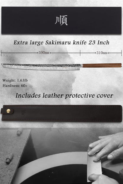 YOUSUNLONG Sakimaru Knife Ultimate Slice Carving Knife 15 inch(380mm) Japanese Damascus Steel Suitable for cutting tuna and salmon - Natural Walnut Handle With Leather Sheath and Gift box