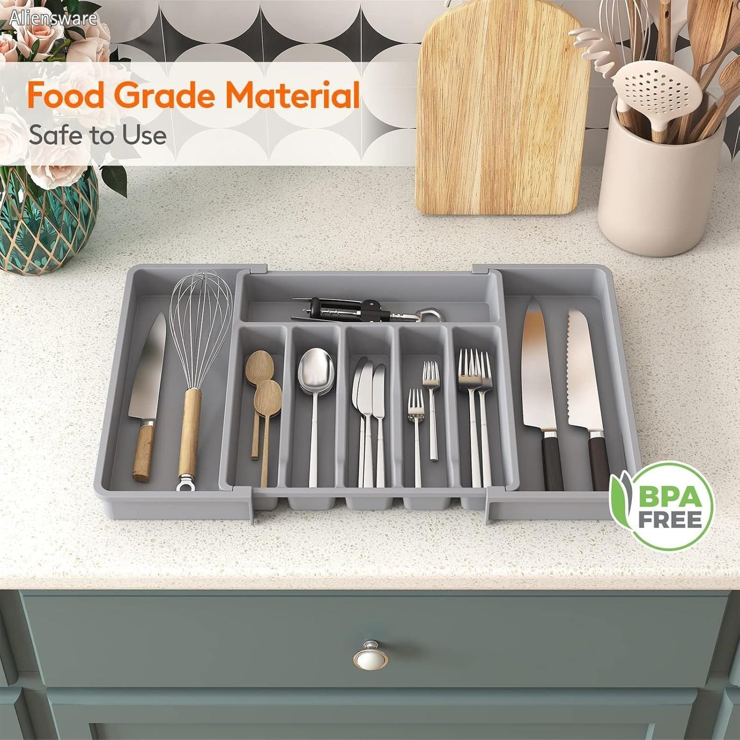 Expandable Drawer Organizer, BPA Free Utensil, Adjustable Flatware & Cutlery Holder/Divider Tray for Spoons Forks, Knives Kitchen Tableware Storage -13-22.4 X 15 X 2 inch(8-Slots/Grey)