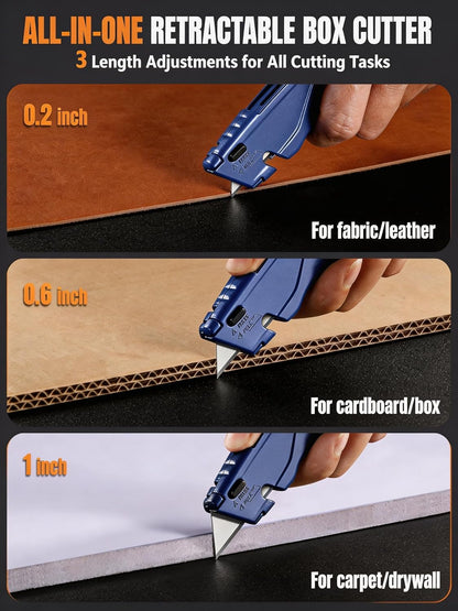VOTREK® Box Cutter Retractable| Metal Utility Knife Set【Built-In Storage】 Tool-Free Quick Blade Change| Safety Lock| Extra 10 Sharp SK5 Blades| 2-Pack Heavy Duty Razor Knife for Cardboard & Plastic