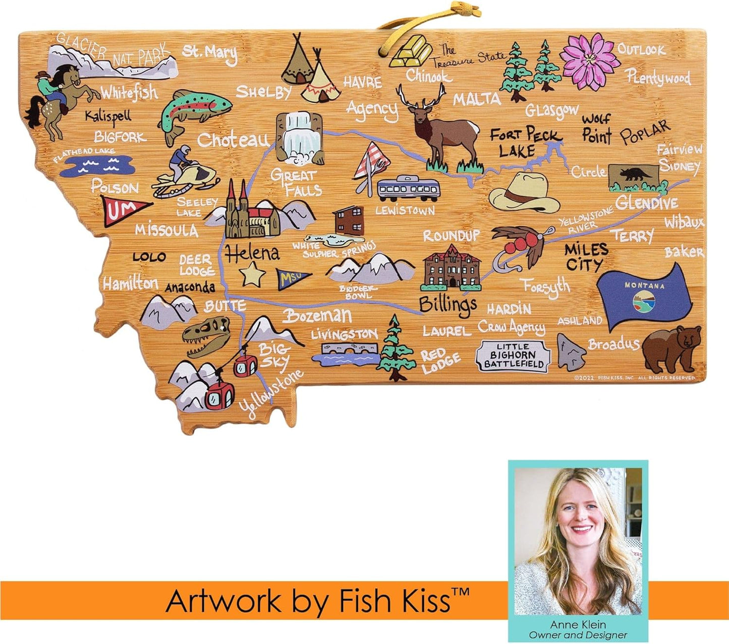 Totally Bamboo Tennessee State Shaped Cutting Board and Charcuterie Serving Platter with Artwork by Fish Kiss, Includes Hang Tie for Wall Display - Colors A