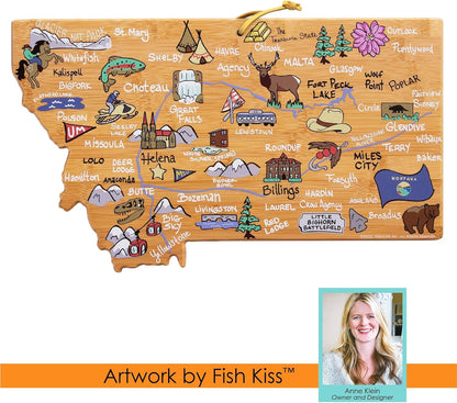 Totally Bamboo Tennessee State Shaped Cutting Board and Charcuterie Serving Platter with Artwork by Fish Kiss, Includes Hang Tie for Wall Display - Colors A