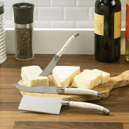 Laguiole Cheese Knife Set of 3 – Charcuterie Accessories w/Faux Ivory Handles – Includes 6.25" Cheese Spreader, 9.25" Spear & 8.5" Cleaver Knife