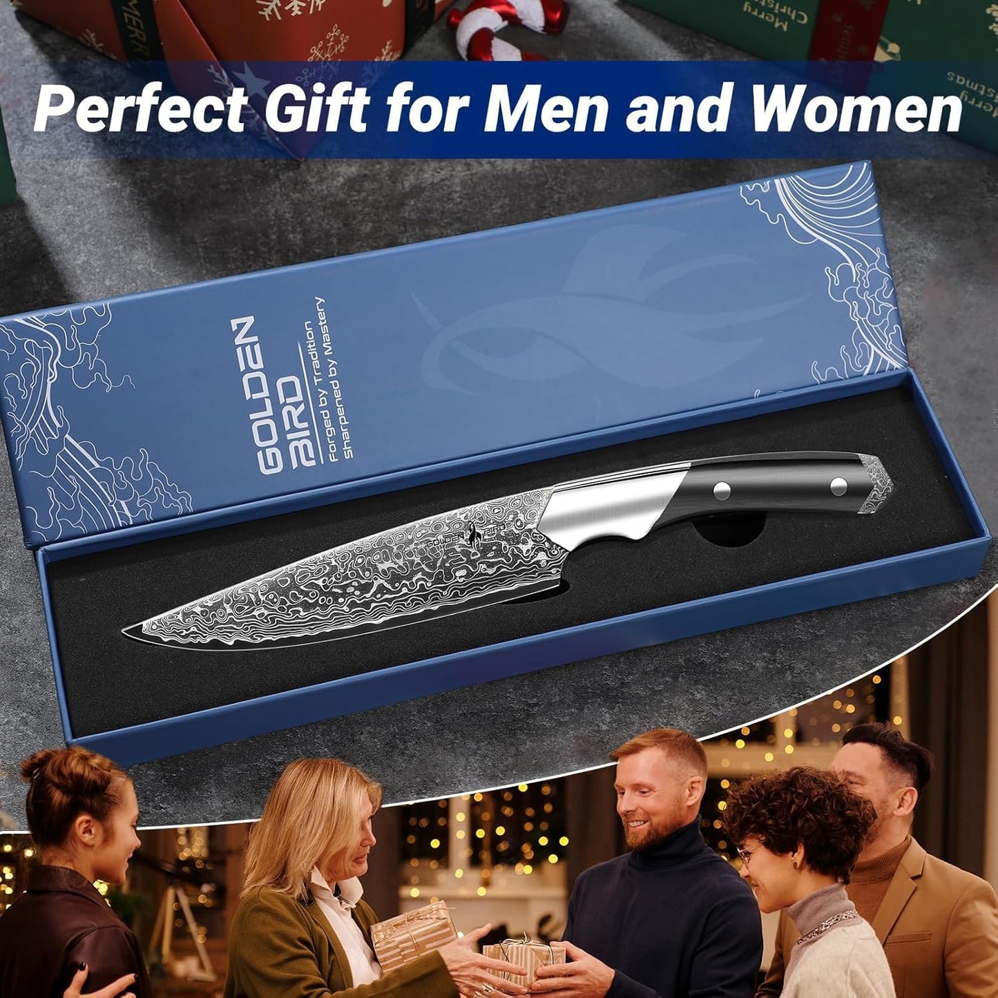 Golden Bird 6 inch Kitchen Utility knife, Japanes VG10 Damascus Steel Chef Knives with Wooden Handle, Small Paring Knife for Fruit and Vegetable, Ideal Gift