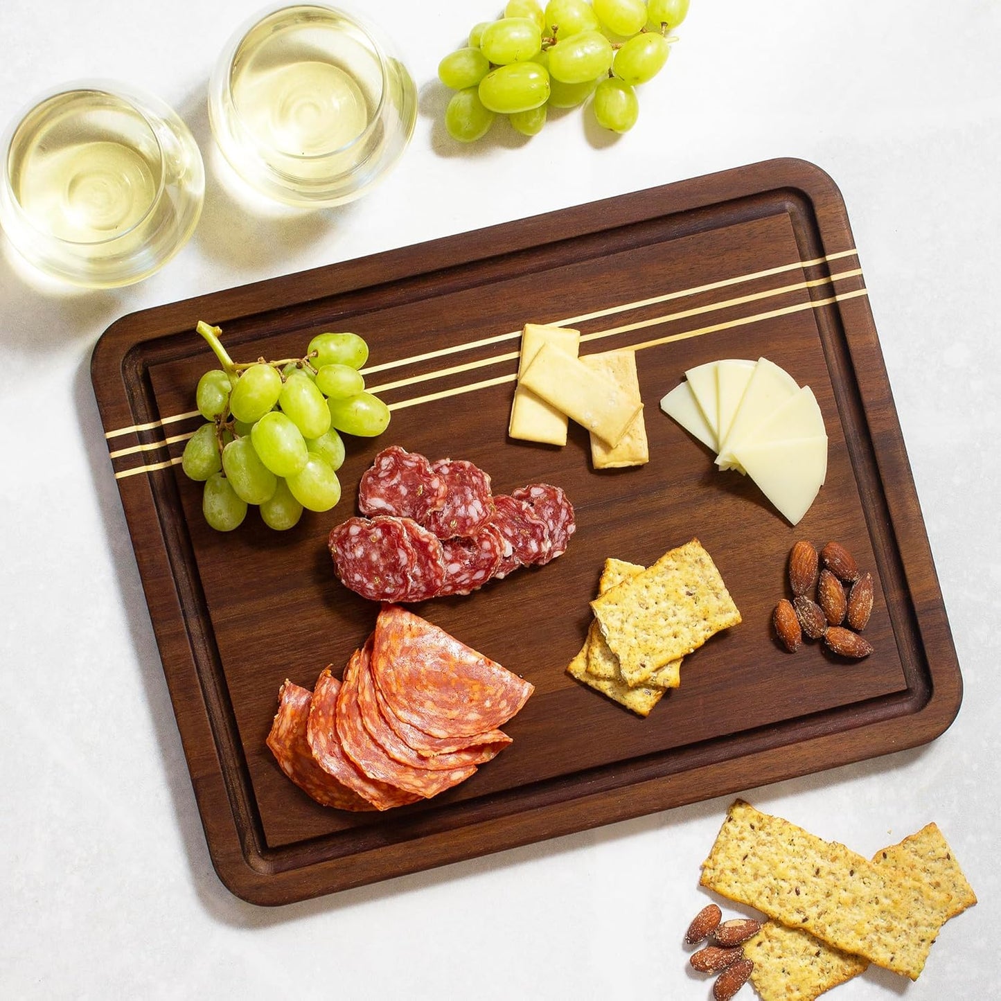 Rock & Branch Large Acacia Wood Cutting Board with Juice Groove – 18" Carving Board with Inlaid Pinstripes | Doubles as Oversized Charcuterie Serving Tray