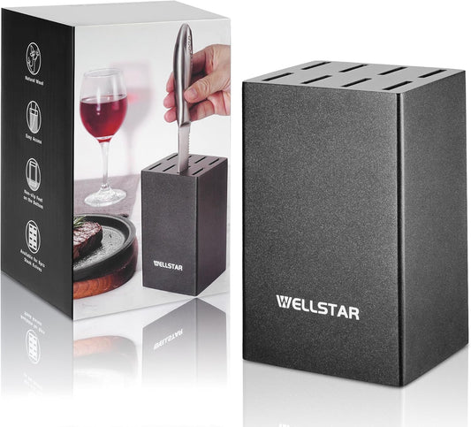 12 Slot Kitchen Knives Block, WELLSTAR Natural Wood Knife Holder without Knives – Hard Wood Countertop Knife Storage with Built-in Knife Sharpener - Black