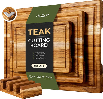 Bellsal 3 Pack Teak Wood Cutting Board Set for Kitchen Charcuterie Board Serving Heavy Duty Non Toxic Slip Over Sink Solid Thick Haus Wooden Chopping Board Large Big Small Meat Kitchen Essential Gift