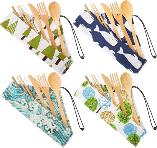 Boao 4 Sets Bamboo Utensils Wooden Utensils Set Reusable Cutlery Travel Chopsticks Fork Spoon Straw Portable Utensil Case for Travel Hiking Picnic Camping Cooking Office Kitchen (Natural Style)