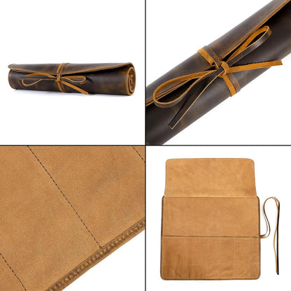 ELIZO Leather Knife Roll Bag Professional Chef Knife Case, Durable Knife Sheath Holder, Cooks & Culinary Tools Carrying Storage, Portable Knife Wrap - 4 Slots