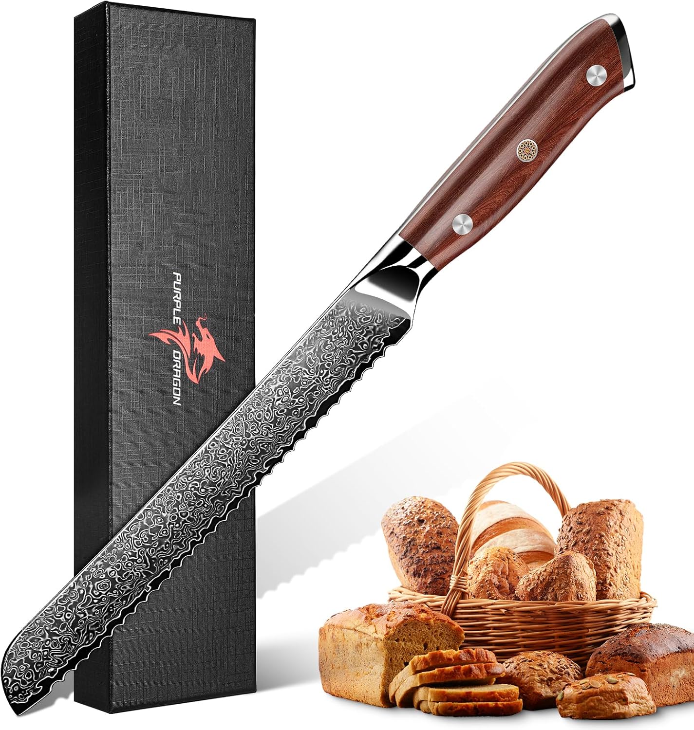Purple Dragon Damascus Knife Set - 3 PCS Kitchen Knife Set - VG10 Steel Japanese Chef Knives 8 Inch Santoku Knives 7 Inch Paring Knives 5 Inch-Christmas Gift for Men and Women
