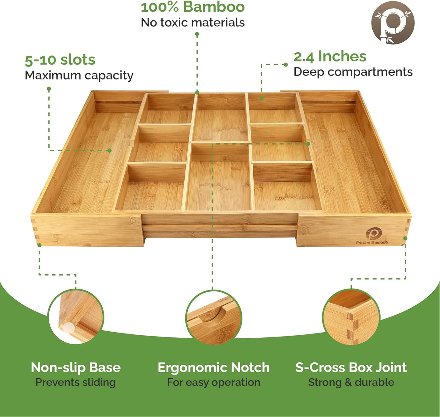 Pristine Bamboo Silverware Organizer - Small Extra-Deep Wooden Kitchen Drawer Organizer Divider for Spoons, Forks, Knives & Cutleries - 5 Slots