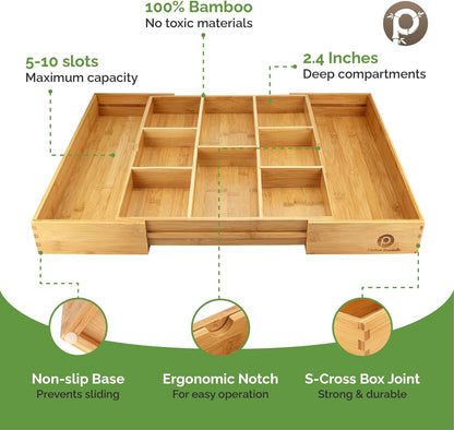 Pristine Bamboo Silverware Organizer - Small Extra-Deep Wooden Kitchen Drawer Organizer Divider for Spoons, Forks, Knives & Cutleries - 5 Slots