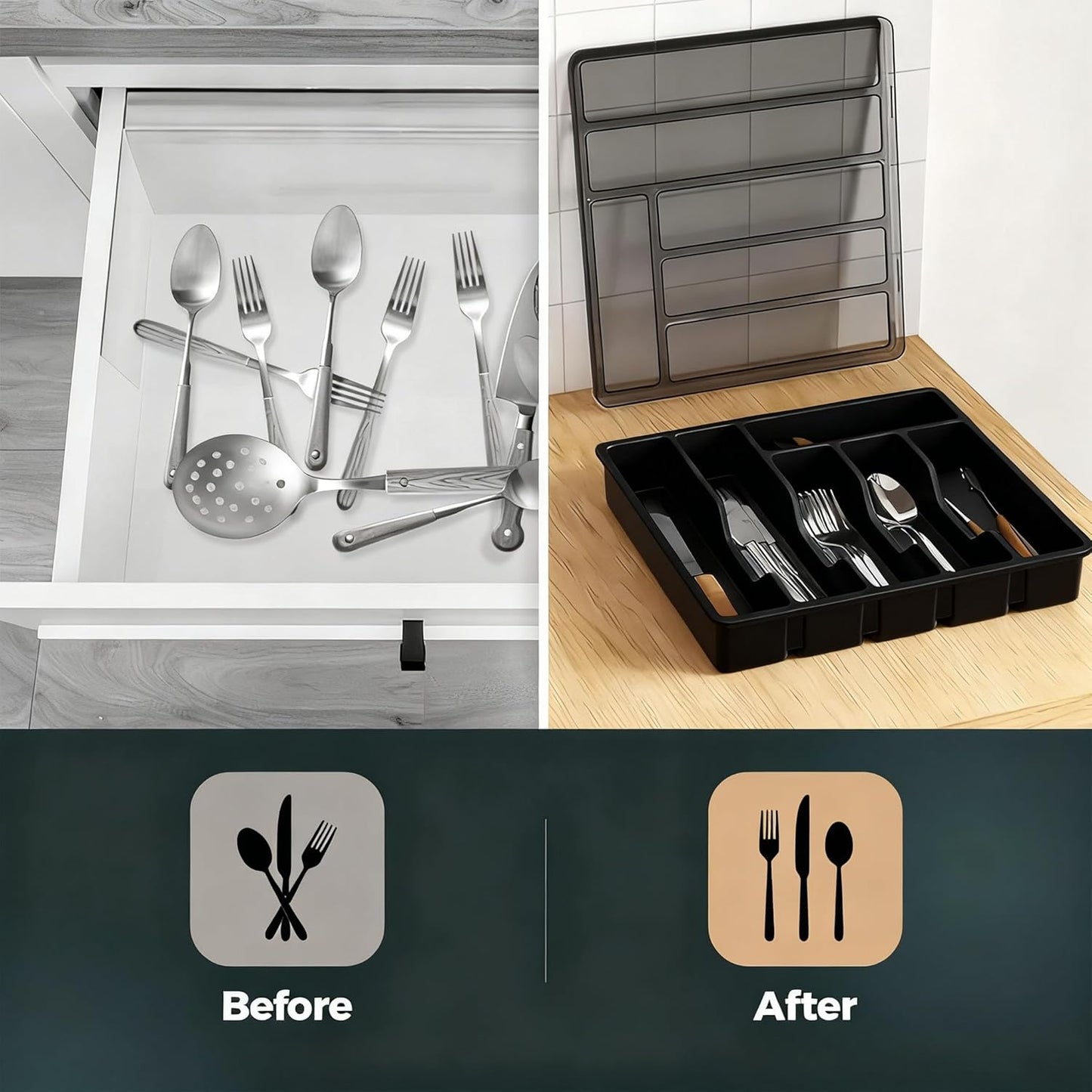 Silverware Organizer with Lid, Covered Utensil Tray for Kitchen Drawer and Countertop, Plastic Cutlery and Flatware Storage Box for Spoons Forks Knives Holder Case, 6 Compartments, Black