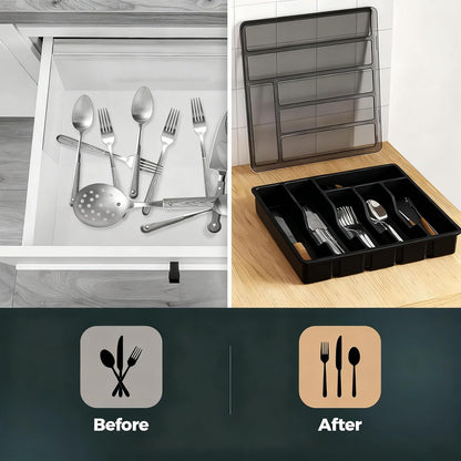 Silverware Organizer with Lid, Covered Utensil Tray for Kitchen Drawer and Countertop, Plastic Cutlery and Flatware Storage Box for Spoons Forks Knives Holder Case, 6 Compartments, Black