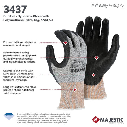 Majestic Cut-Less Dyneema Glove with Polyurethane Palm | 1 Pair - MED | 13 Gauge Liner, Pre-Curved Finger, Lightweight, Breathable, Gray/Black | for Automotive, Industrial, Manufacturing | 3437