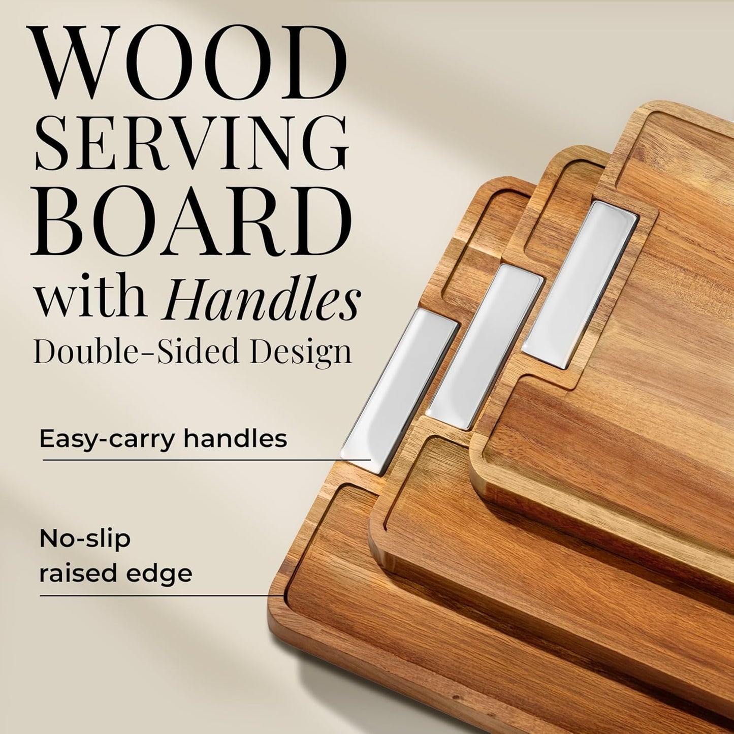 Acacia Wood Cutting Board Set with Holder – 4 Piece Wooden Cutting Board Set with Stand – Reversible Charcuterie Tray with Juice Grooves and Gold Handles – Stylish Kitchen Gift