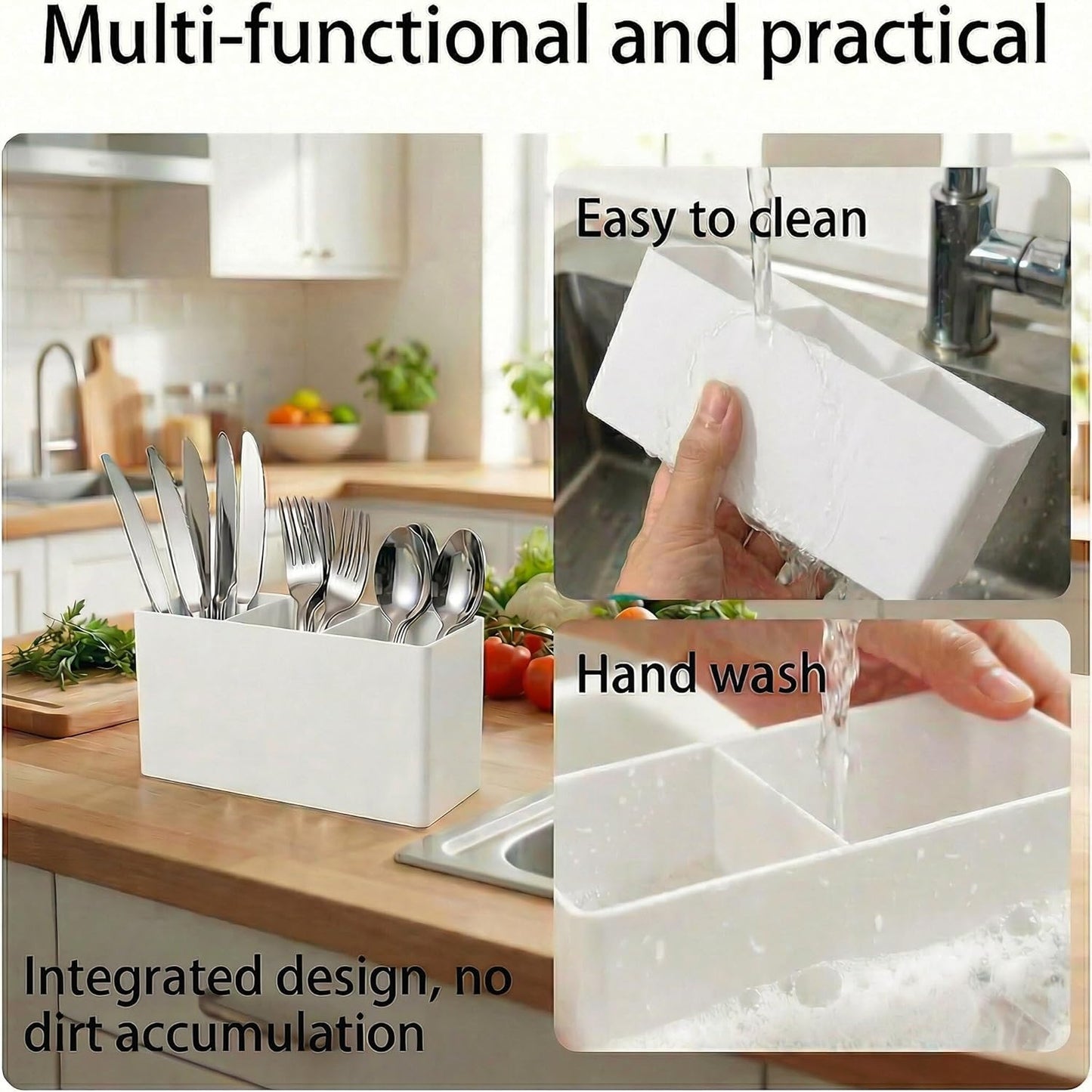 Daxolanz 3 Section Acrylic Cutlery Organizer for Countertop, Modern Flatware Storage Caddy for Spoons Forks Knives, Space Saving Utensil Holder for Kitchen, Cabinet or Dining Room (Medium)